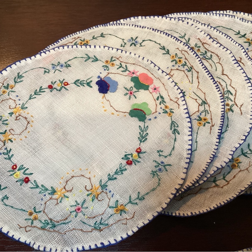 Hand-Embroidered Linen Cocktail Rounds - Picture 3 of 7